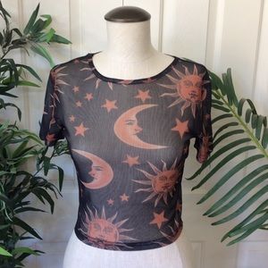 Romwe Small Celestial Moon Sun Stars Sheer Top